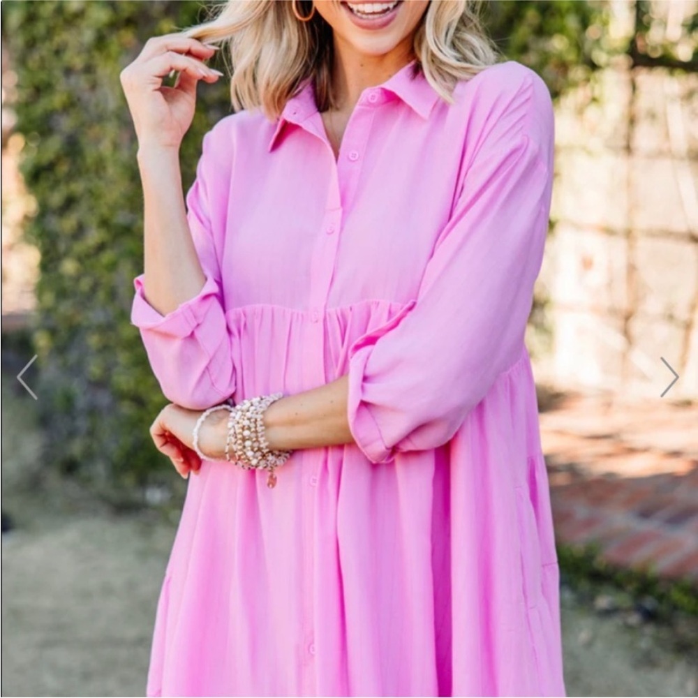 Entro Womens Barbie Pink Baby Doll Long Sleeve Button Up Dress Size Large - Picture 2 of 11